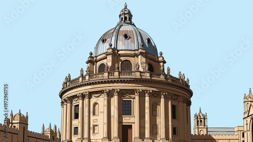 Classic architectural view of the Radcliffe Camera library building in Oxford is rendered in a detailed illustrative style.