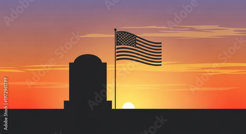 American flag waving on a memorial or monument at sunset with vibrant orange and purple sky