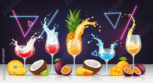 Vibrant tropical cocktails with splashing drinks and fresh fruits on a neon lit background perfect for summer and party themes