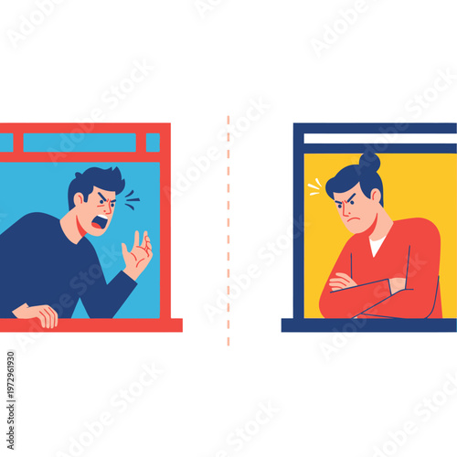 Angry Neighbors Arguing Through Windows, Conflict and Dispute Illustration