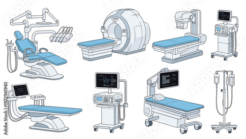 Selection of modern medical equipment includes an MRI scanner, dental chair, ultrasound machine, and hospital gurneys.