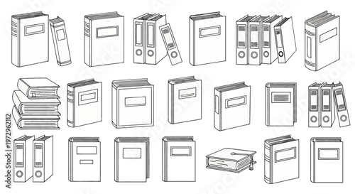 Collection of black and white vector line art icons featuring various types of books, hardcover volumes, office binders, lever arch files, and a graduation mortarboard cap on a book.