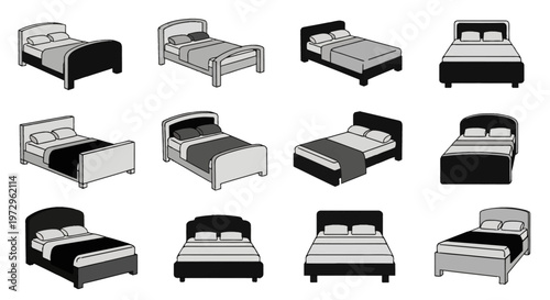 Collection of twelve modern double bed vector icons in monochrome shades of black, gray, and white, featuring various headboard designs and perspectives on a white background.