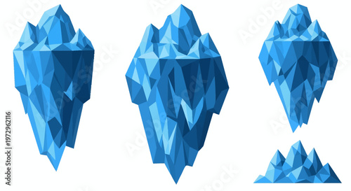 Collection of four low-poly geometric blue iceberg illustrations isolated on a white background, featuring faceted triangular surfaces depicting frozen arctic ice formations.