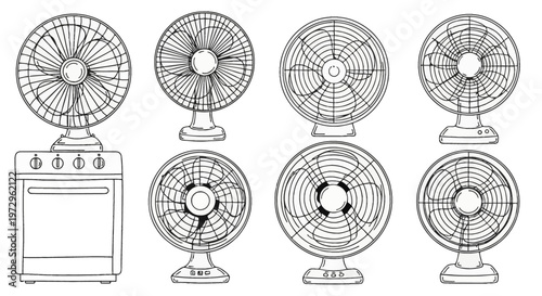 Collection of seven hand-drawn black and white line art illustrations depicting various portable electric table fans with protective wire grilles and one kitchen oven appliance unit.