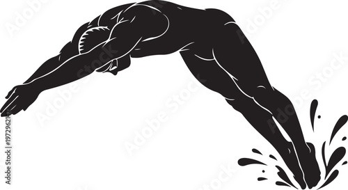 Black silhouette of a male swimmer diving into water