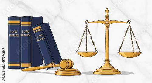 Law books gavel and scales of justice on marble background symbolizing legal system and justice concept
