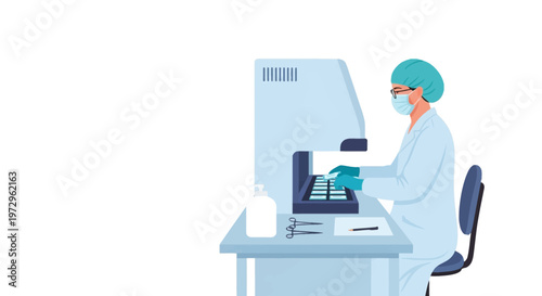 Flat vector illustration of a laboratory technician in protective gear operating a diagnostic machine with samples, featuring medical tools and a sanitizer on the desk.
