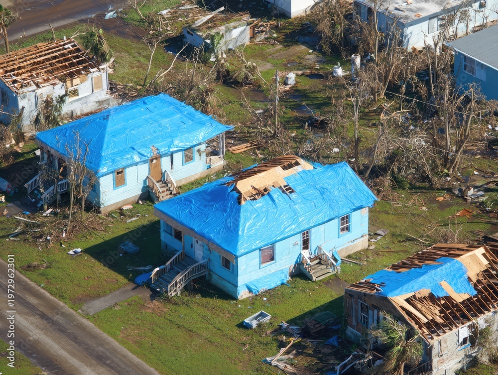 Fototapeta premium Aerial View of Homes with Blue Tarps Covering Damaged Roofs After Storm.