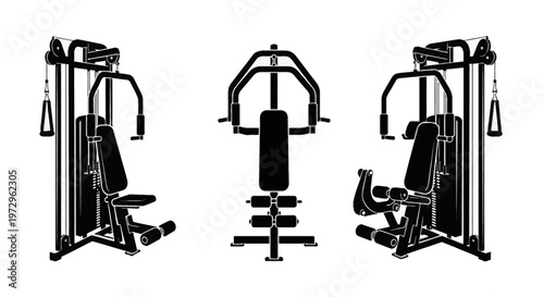 Black and white vector illustration set of a multi-functional home gym station with a weight stack, chest press, and leg extension machine from three different perspective angles.