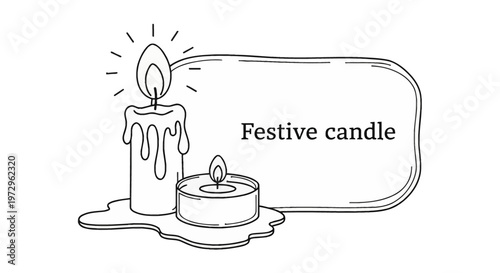 Minimalist black outline drawing of a lit pillar candle with melting wax drips, a small tealight candle, and a rounded rectangular frame containing the text Festive candle.