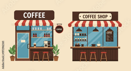 Flat vector illustration of two coffee shop storefront designs featuring red and white striped awnings, bar stools, signage, coffee machines, and large glass windows on a plain background.