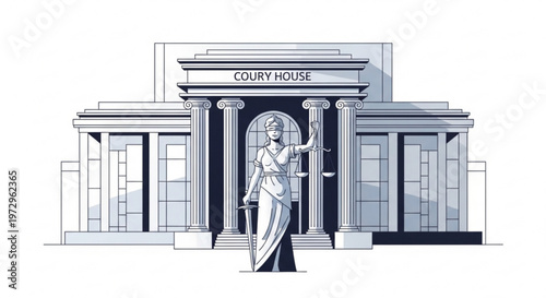 Illustration of a courthouse with a statue of justice in front neoclassical architecture columns and entrance
