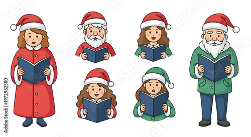 A vector doodle illustration set featuring six different Christmas carolers wearing red and green coats and Santa hats while holding open blue songbooks on a white background.
