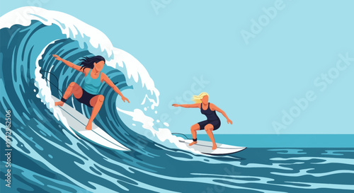 Vector illustration of two women surfing on a large curling ocean wave with white sea foam. One female surfer rides inside the barrel while another balances on a white surfboard.