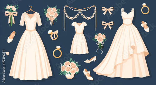 Comprehensive vector illustration set featuring various cream-colored bridal gowns, floral bouquets, diamond rings, high heels, and wedding accessories on a dark blue backdrop.