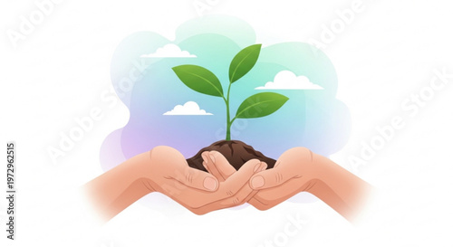 Two hands cradling a small green plant with leaves soil and a blue sky background with clouds symbolizing growth and nurturing