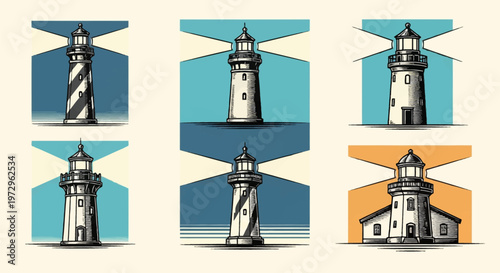 Collection of six vintage engraving style lighthouse illustrations featuring radiant beams of light, varied architectural designs, striped towers, and maritime icons on graphic backgrounds.