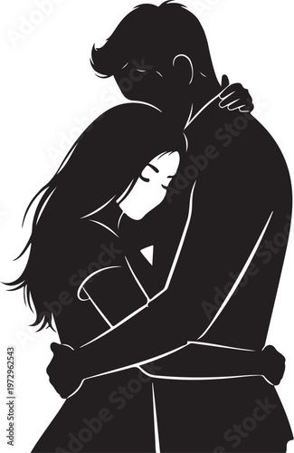 Black silhouette of a man hugging a woman