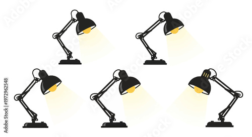 Five black adjustable swing-arm desk lamps with illuminated yellow light beams casting downwards, collection of architect table lamp vector icons isolated on white background.