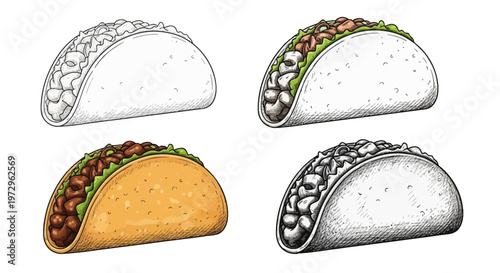 Set of four hand-drawn taco illustrations in various styles, including full color, partial color, and black and white line art with vintage engraving textures on white background.