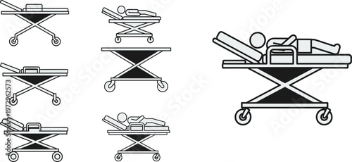 Medical stretcher trolley collection with patient positions, hospital emergency bed variations in clean outline vector illustration set