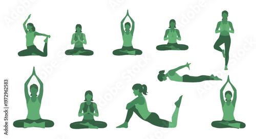 Vector set of green silhouettes of women in diverse yoga poses such as tree pose, lotus position, and stretching exercises, isolated on a white background for wellness graphics.
