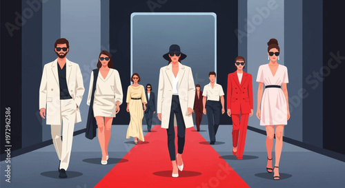 Vector illustration of fashion models walking on a red carpet runway, featuring contemporary clothing like blazers and coats with sunglasses in a minimalist flat design style.