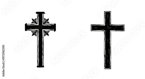 Black and white set of two religious Christian cross icons featuring distressed grunge texture, one with ornamental leaf details and one with a simple double border on white background.