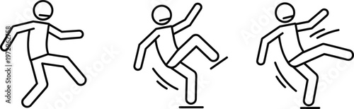 Slip and fall sequence with stick figure losing balance, workplace accident risk concept in simple outline vector illustration set