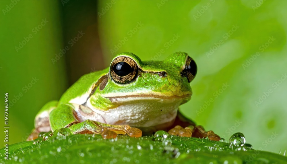 Naklejka premium Close-up of a vibrant green tree frog perched on a wet leaf.