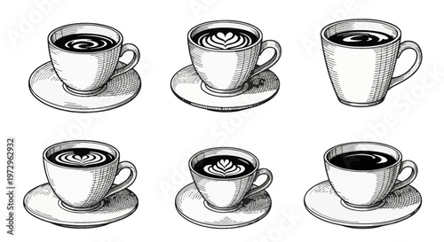 Collection of six vintage-style engraved coffee cup illustrations featuring latte art hearts and black coffee swirls, isolated on a white background for graphic design assets.