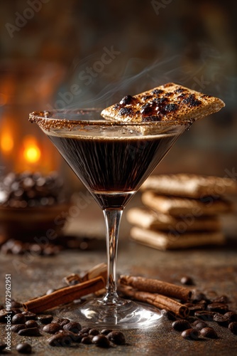 Espresso Martini Cocktail with Coffee Beans and Cinnamon Sticks.