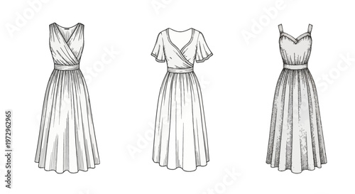 Collection of three hand-drawn fashion illustrations featuring elegant women's dresses including v-neck wrap bodices, flutter sleeves, and pleated skirts in black and white line art style.