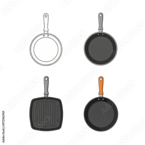 Vector collection of four kitchen frying pans including outline, grey circular skillet, square ribbed grill pan, and black round pan with orange handle isolated on white background.