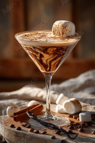 Gourmet Marshmallow Coffee Cocktail with Swirls and Cinnamon.