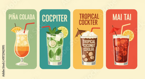 Set of four retro vector cocktail illustrations including Piña Colada, Mojito, Tropical Coconut Cooler, and Mai Tai, featuring garnishes, ice, straws, and mid-century modern aesthetic.