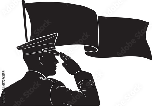 Black silhouette of a man saluting in front of a waving flag