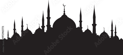Black silhouette of a mosque with multiple domes and minarets