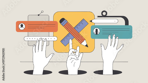 Minimalist illustration of collaborative digital content revision, showing user feedback and design adjustments with hands interacting online