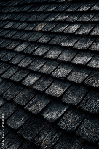 Close-up View of Weathered Dark Wood Shingle Roof Texture.