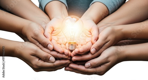 Diverse Hands Holding Bright Light Bulb Together