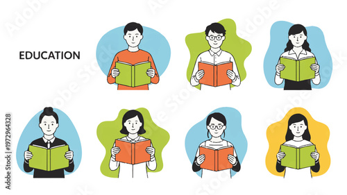 A minimalist illustration set featuring diverse individuals engaged in reading books, symbolizing education, knowledge acquisition, and personal growth in a modern style