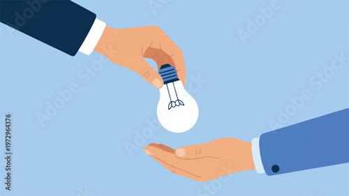 Illustration of a hand passing a light bulb to another hand, symbolizing idea sharing and innovation