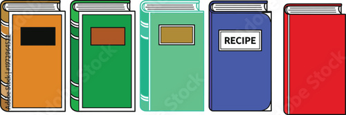 Colorful Cookbook Icon Set Featuring Various Recipe Book Designs And Hardcover Journals In CAD Drawing Flat Vector Illustration Style For Kitchen Graphic Design Projects