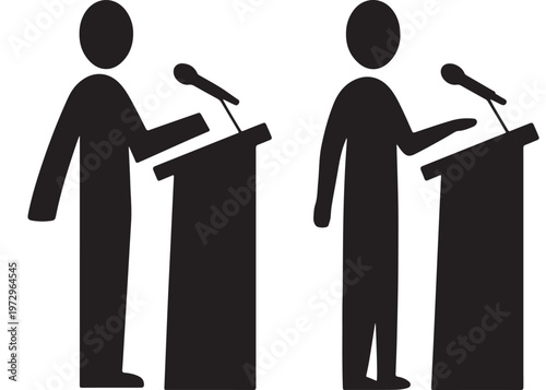 Debate Podium Speakers Line Art with Two People and Microphones Vector Illustration
