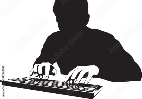Black silhouette of a person typing on a keyboard human