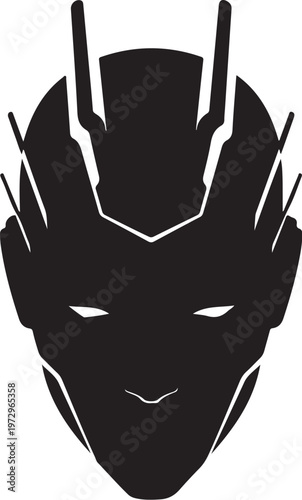 Black silhouette of a robotic face with white accents