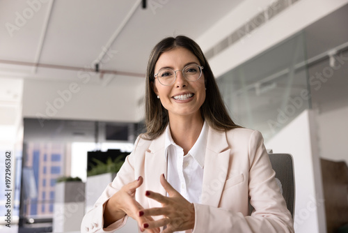 Fotografía Web cam view of pretty businesslady conduct virtual meeting in modern office, lo