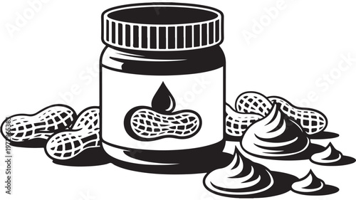 Peanut Butter Jar Line Art with Peanuts and Scoops Isolated on White